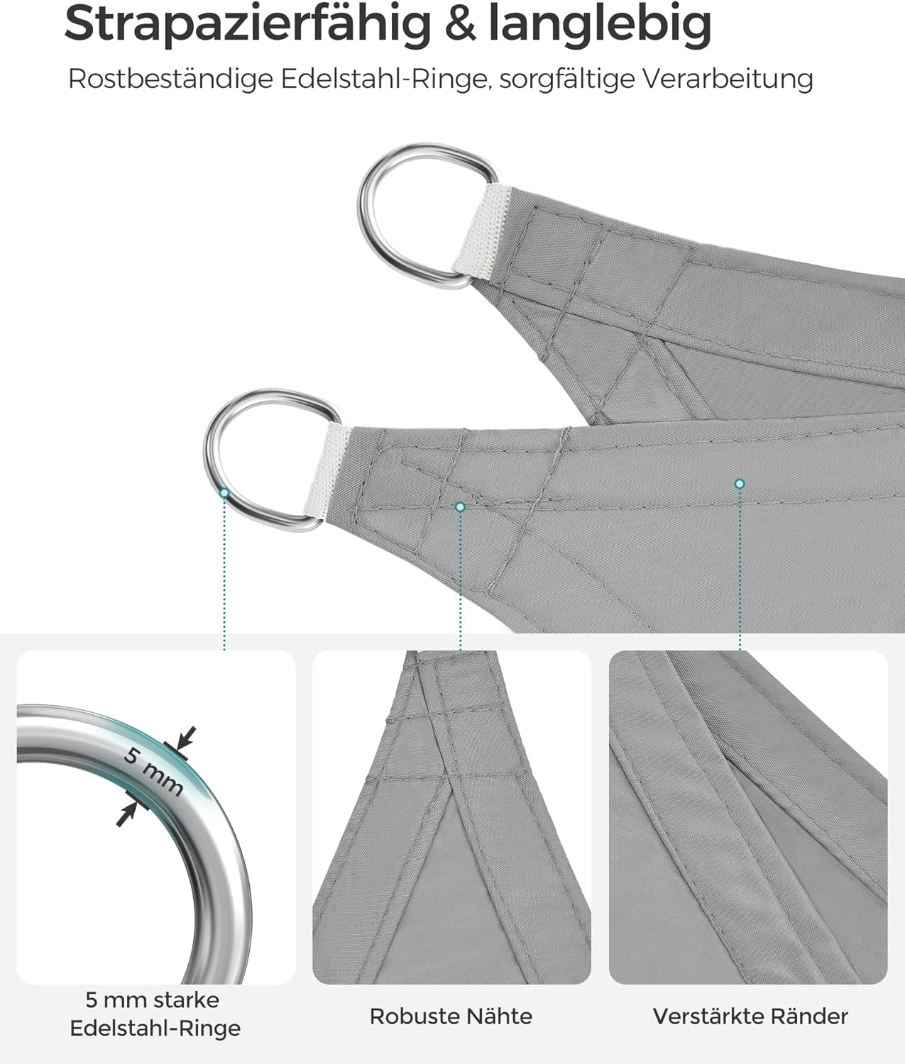 Detalle 2 de SONGMICS Sonnensegel 2 x 3 m – wasserfest, UV-Schutz 93%, hellgrau