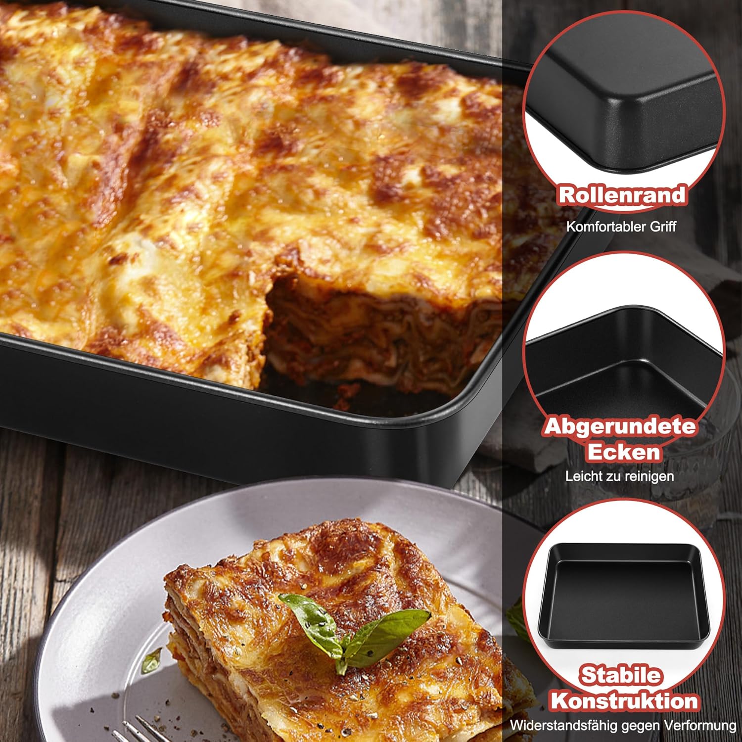 Detalle de HaWare Antihaft Backblech aus Edelstahl – tiefes Rechteck-Backblech 31,6 × 24,6 × 5 cm für Brownies, Lasagne und Aufläufe