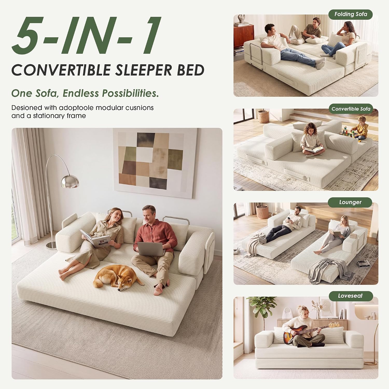 Thumbnail 3 de GRUSIGN SF-CYL 78-Inch Convertible Futon Sofa Bed, Beige Corduroy