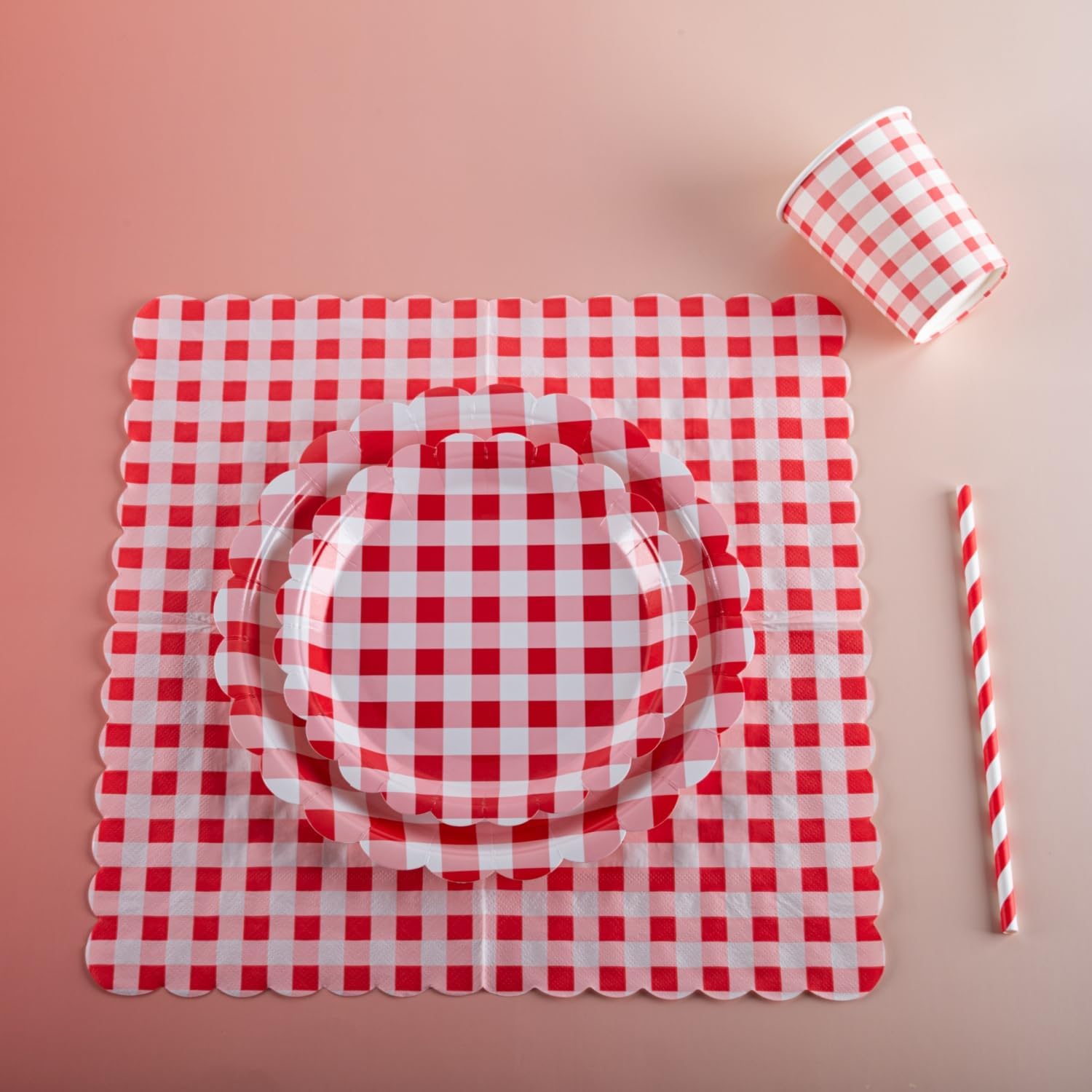 Thumbnail 2 de PHUNAT 25-Guests Party Plates Cups and Napkins Set with Red Gingham Edge
