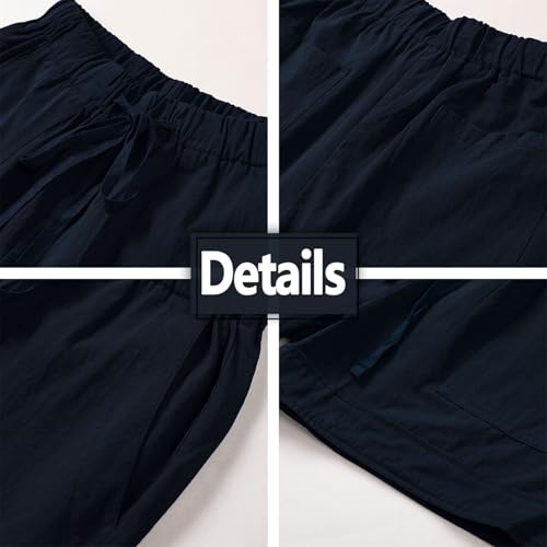 Detalle de comefohome Womens Shorts HS Dark Blue – Summer Drawstring Cotton, High-Waist with Pockets