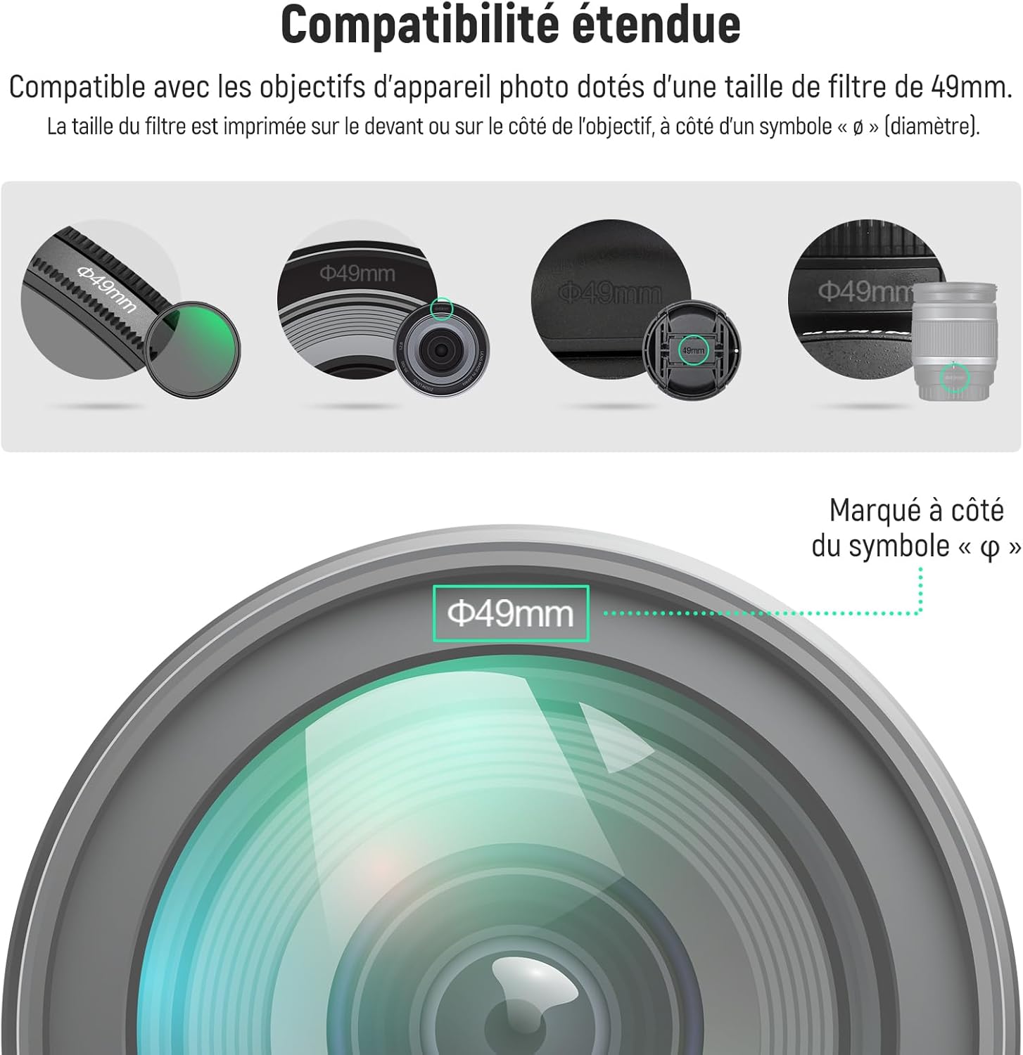 Detalle 2 de NEEWER lot de 2 capuchons d’objectif 49 mm avec sangle anti-perte et chiffon de nettoyage