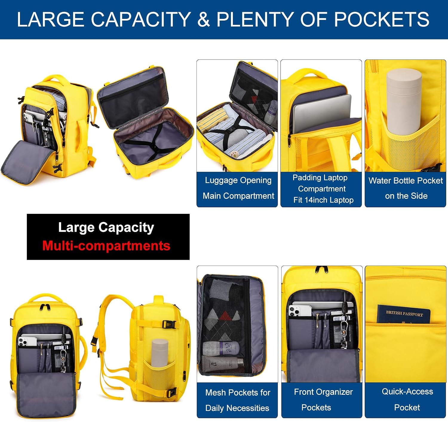 Thumbnail 2 de ENZOSUM 40 x 20 x 25 cm Cabin Backpack, 20L, Yellow
