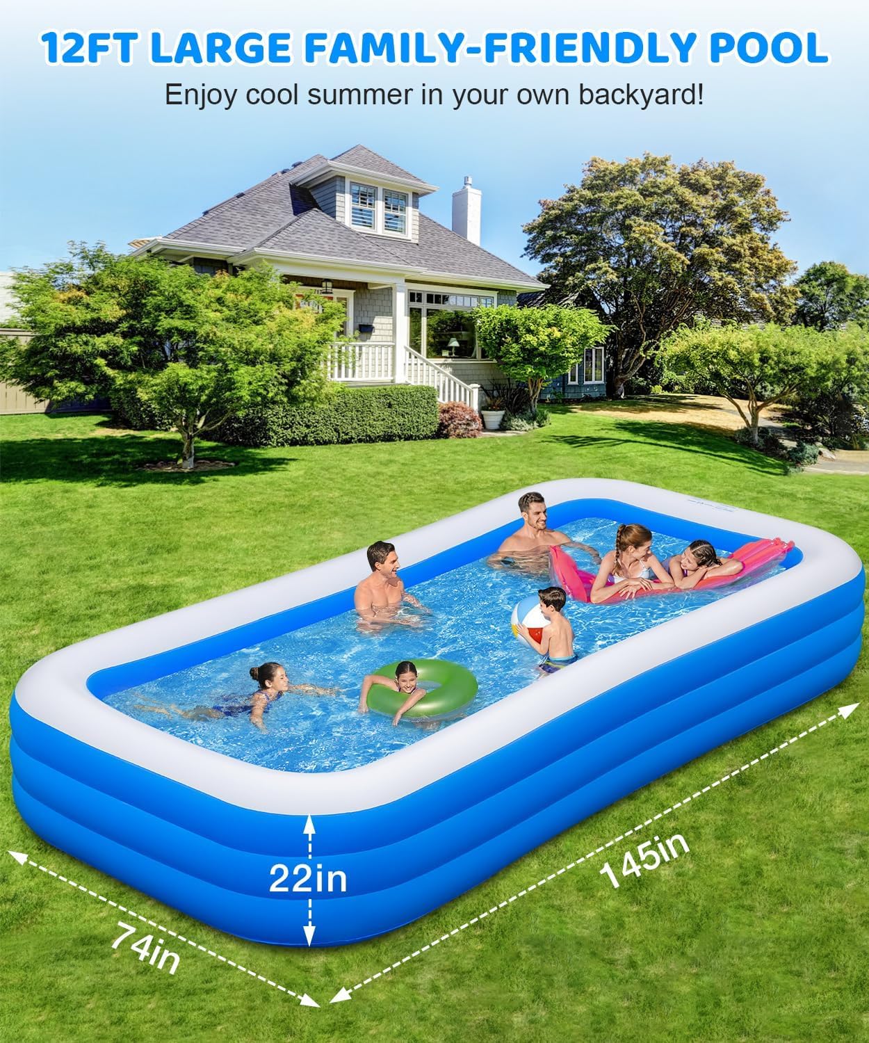 Thumbnail 2 de Extra Large Inflatable Swimming Pool — 145" x 74" x 22" Oversized Family Pool for Backyard Fun