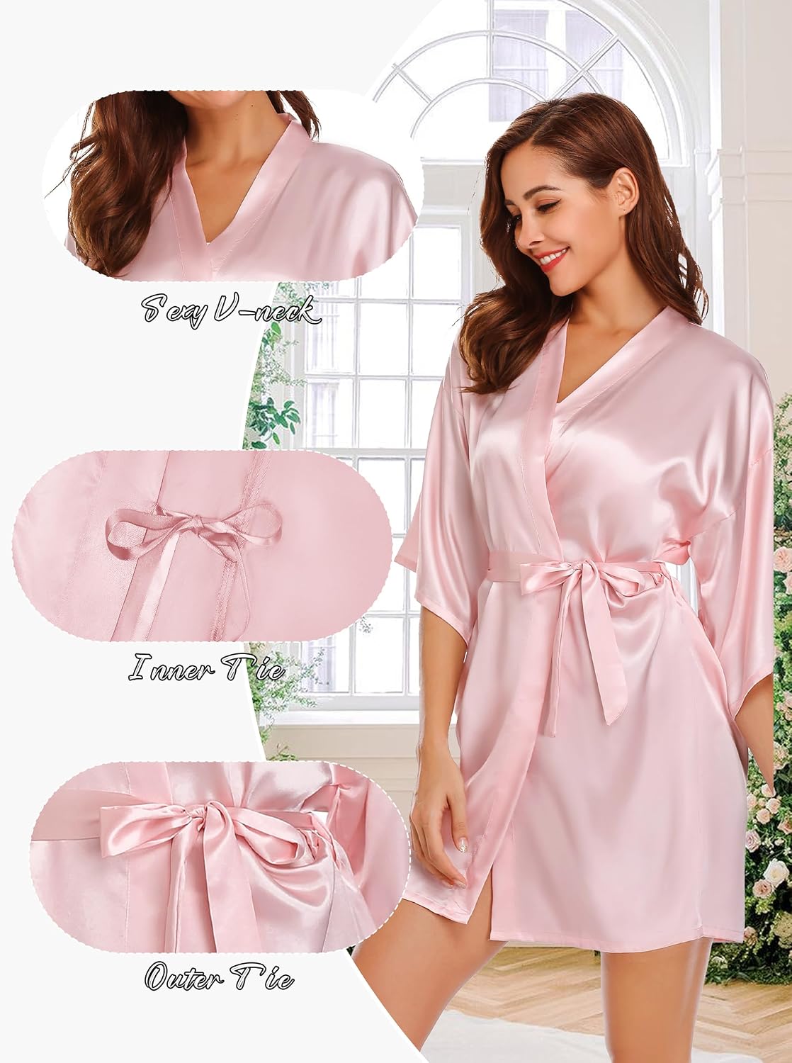 Detalle de Wikoan Peignoir de Bain Femme Satin Robe de Chambre Kimono Court
