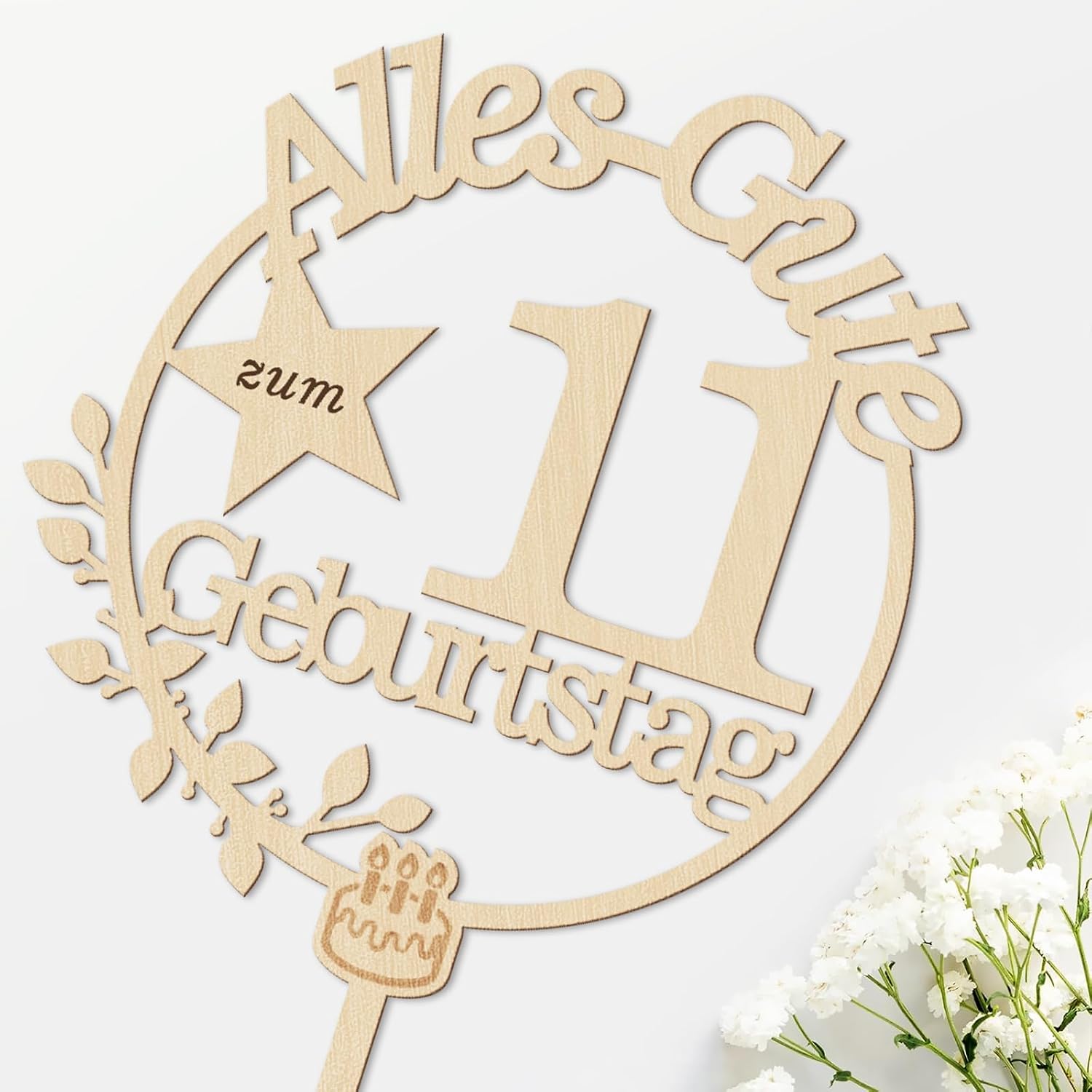 Detalle de Giftota Cake Topper 11. Geburtstag Holz mit LED-Lichterkette – dekorativer Tortenspitzen-Aufleger