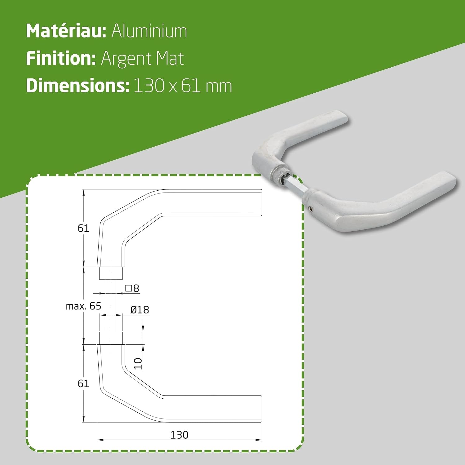 Thumbnail 5 de Amig – Set de poignées sans rosace en aluminium finition argentée mate, 130 x 61 mm, carré 8 mm, pour portes 35–65 mm (Mod. 2113)