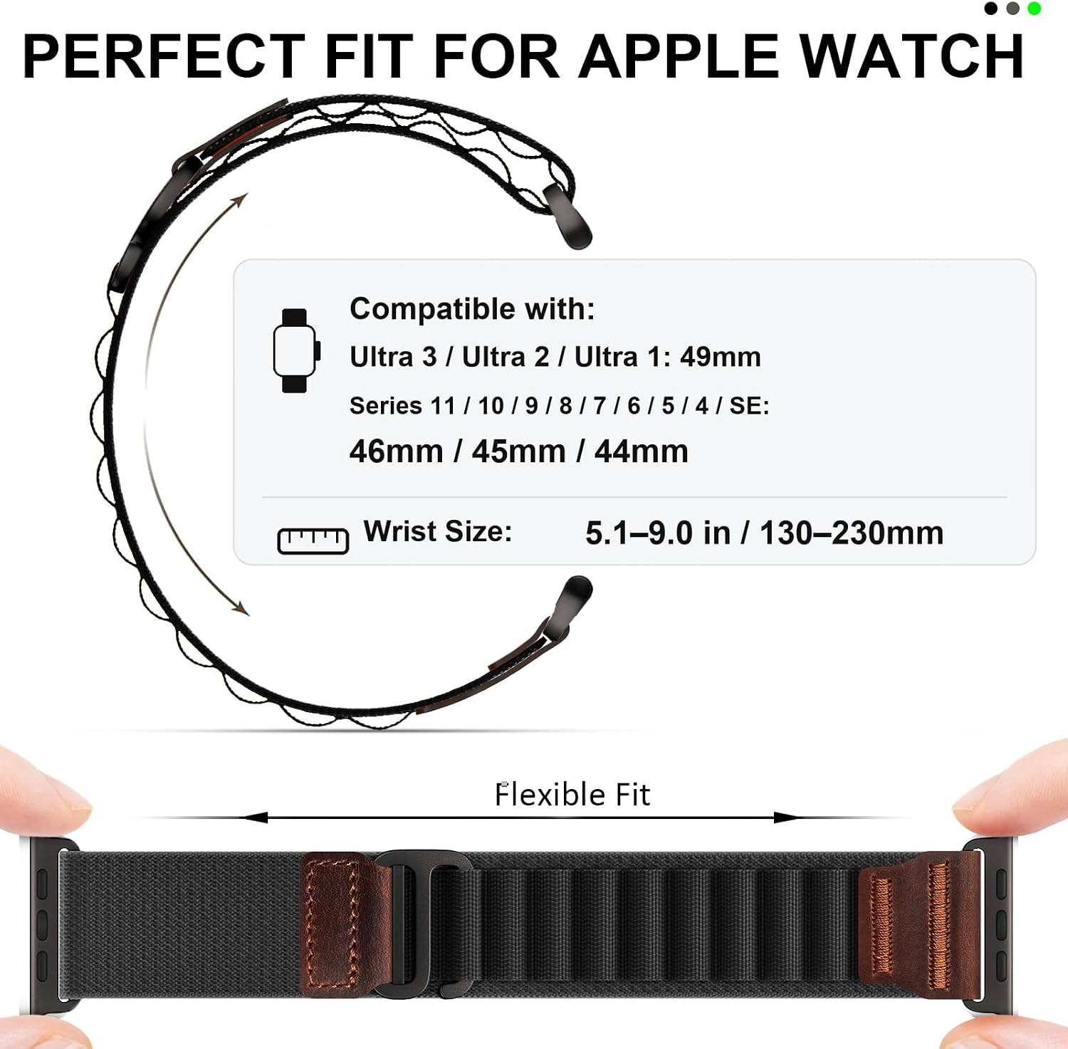 Detalle 2 de MRAIN-H Alpine Loop with Leather Design for Apple Watch (Ultra 3 2, Series 11–4, SE) — Soft Stretchy Nylon Sport Band