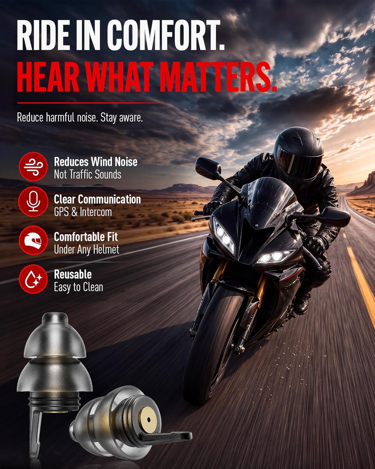 Thumbnail 1 de Motorcycle Ear Plugs for Wind Noise Reduction — 2 Pairs Reusable with 25dB Protection