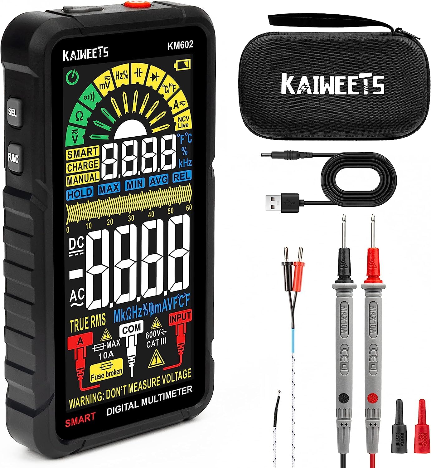 Detalle de Multimètre automatique rechargeable KAIWEETS (6000 comptes) : mesure CA/CC, résistance, continuité