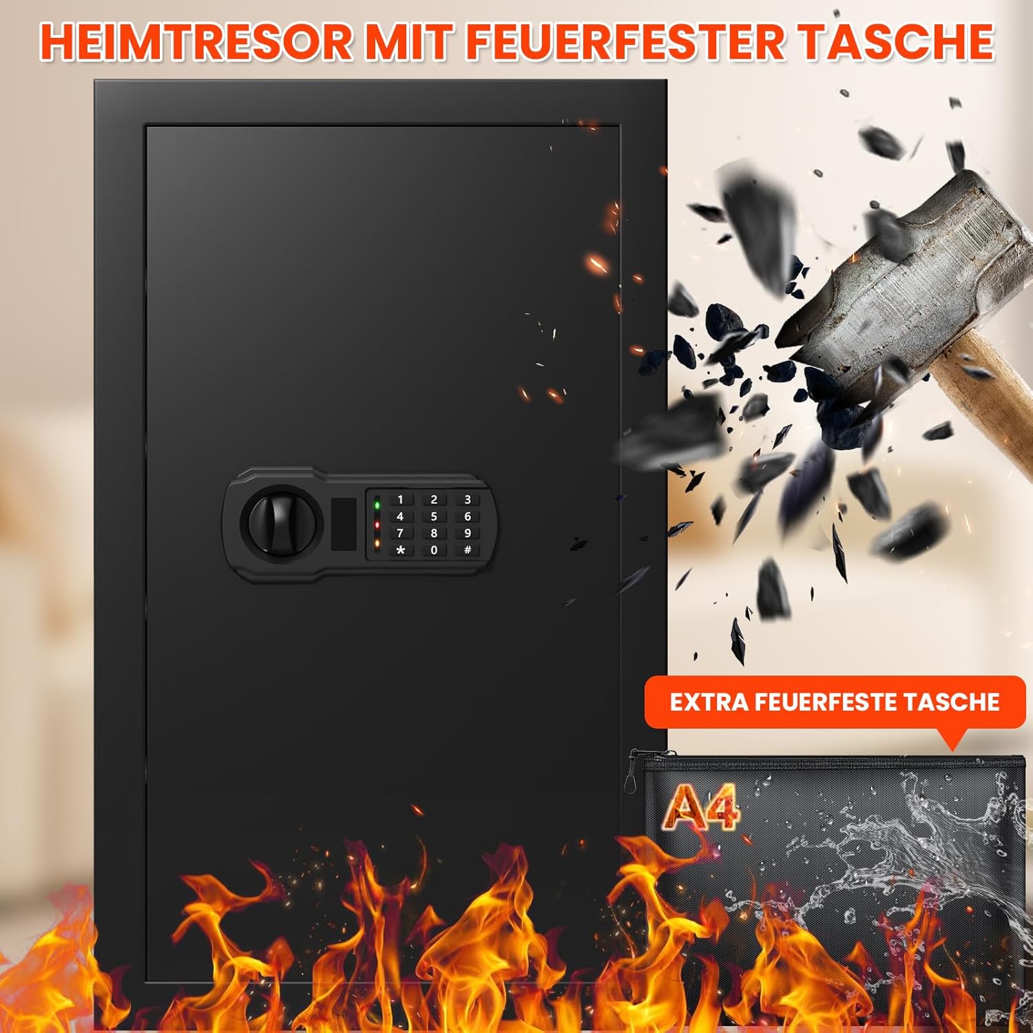 Detalle 2 de 85L Großer Feuerfester Tresor mit feuerfester Dokumententasche – Digitaler Heimtresor inkl. herausnehmbarem Regal