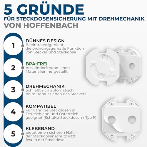 Detalle de Hoffenbach 30x Steckdosen Kindersicherung – Drehmechanik, Weiß, kompatibel mit Schuko (Typ F)