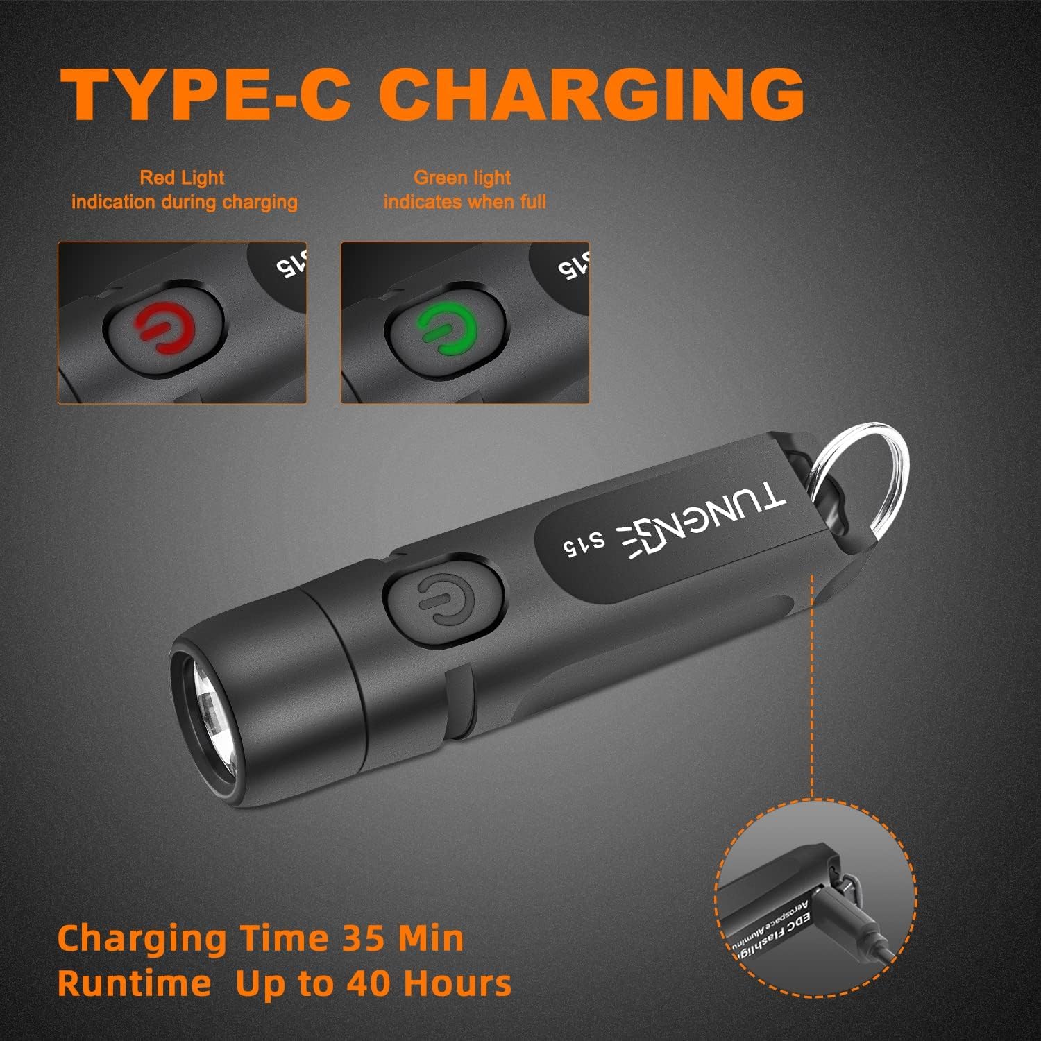 Detalle de TUNENGE S15-Black Rechargeable Keychain Flashlight, 650 Lumens