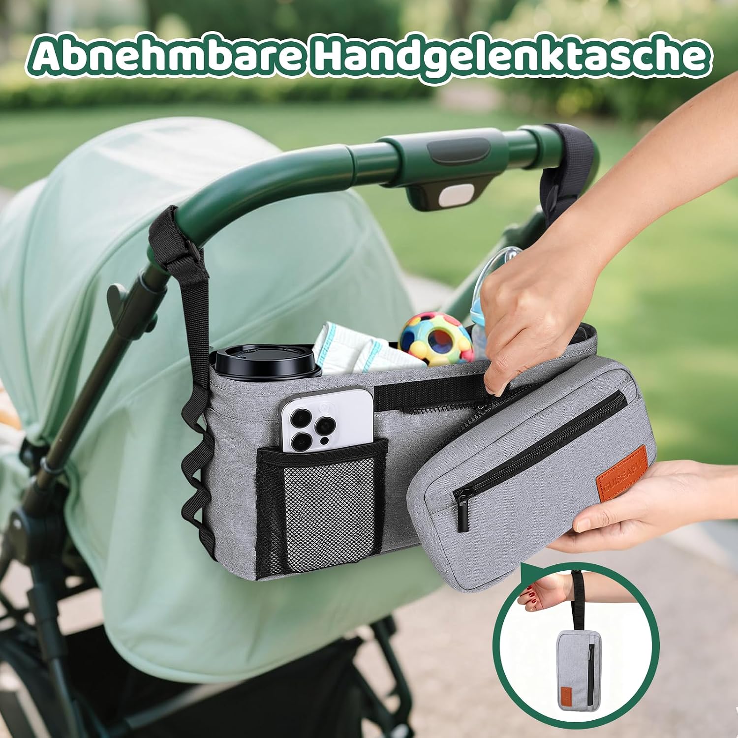 Detalle 2 de Guiseapue Universal Kinderwagen-Organizer – Getränkehalter, Becherhalter und großzügige Aufbewahrung für unterwegs
