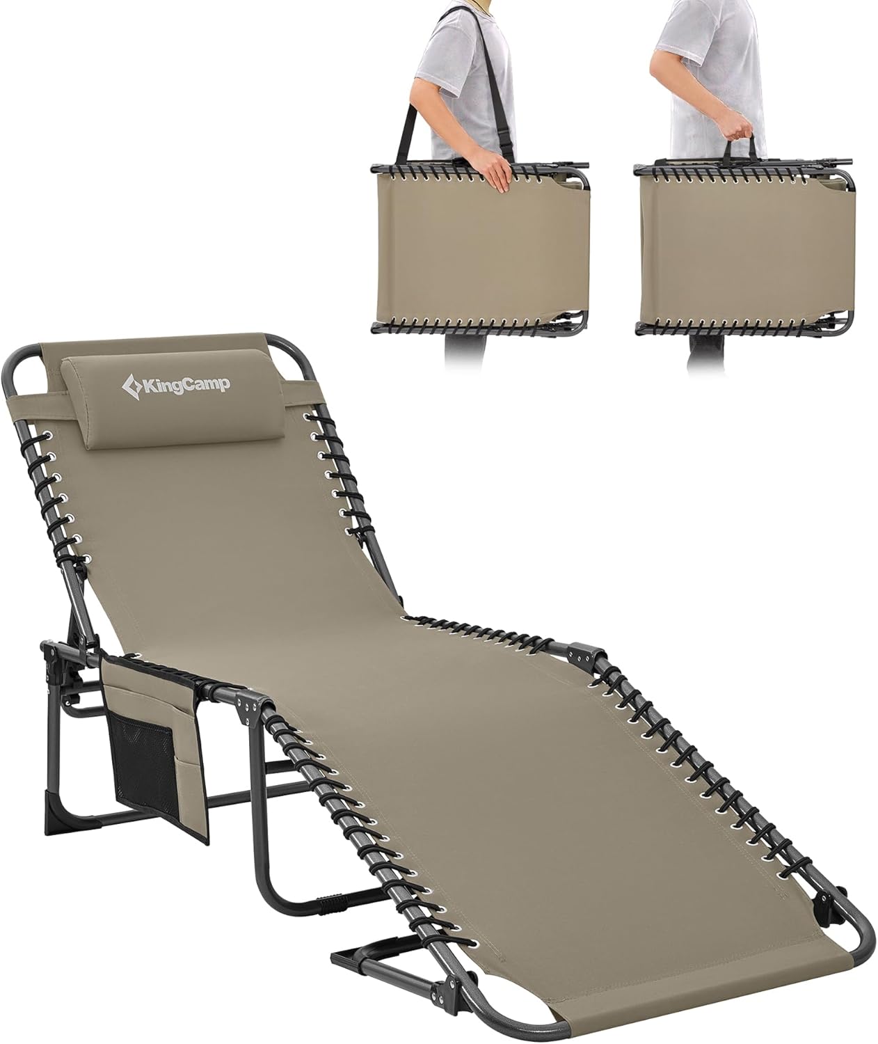 Detalle de KingCamp Sonnenliege Klappbar: 5‑Positionen, robustes Strand- und Gartenbett mit Kopfkissen