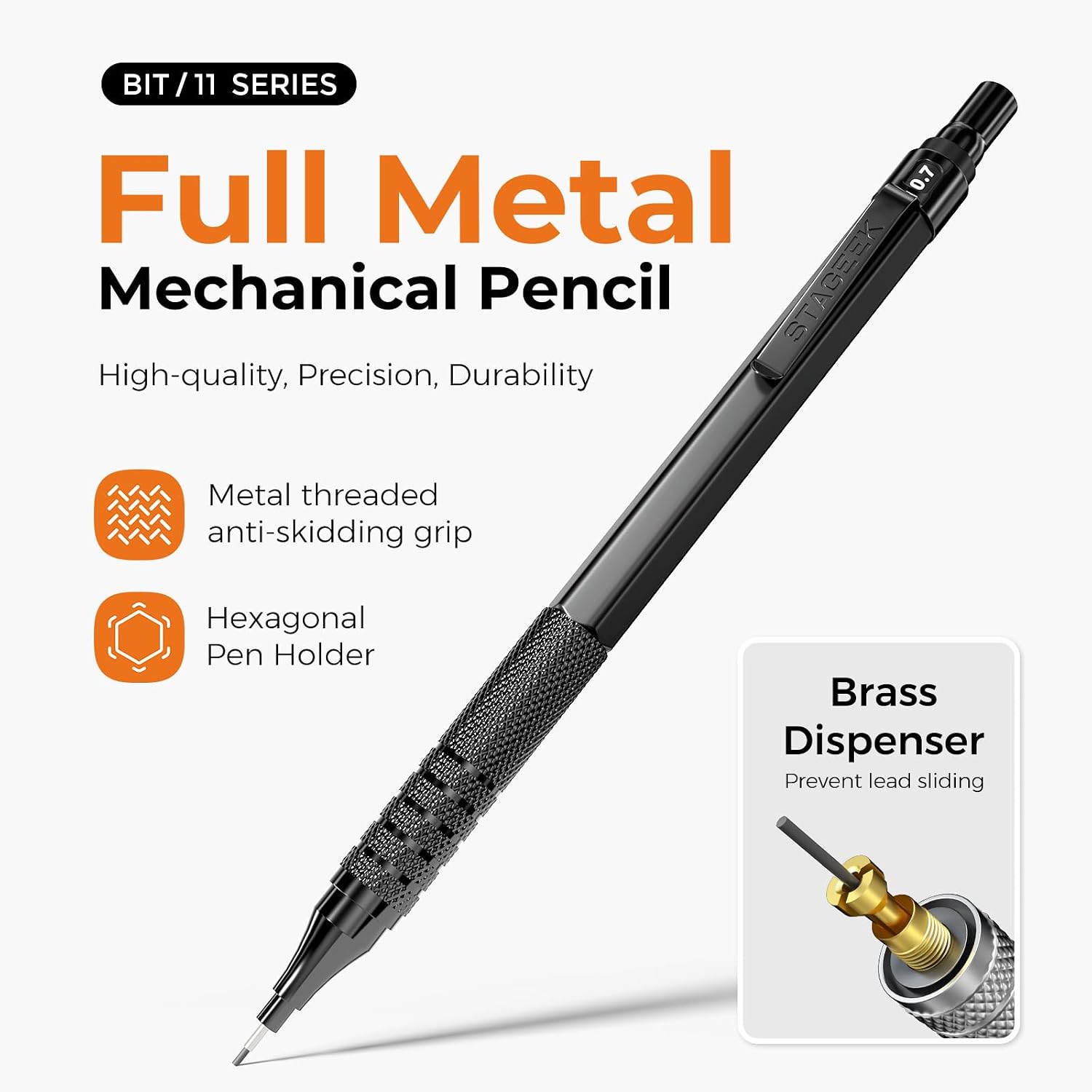Detalle de STAGEEK 6-Stück Druckbleistift-Set – Metallgehäuse, 0,5/0,7/0,9/2,0 mm Minen, 384 Nachfüllminen, schwarz