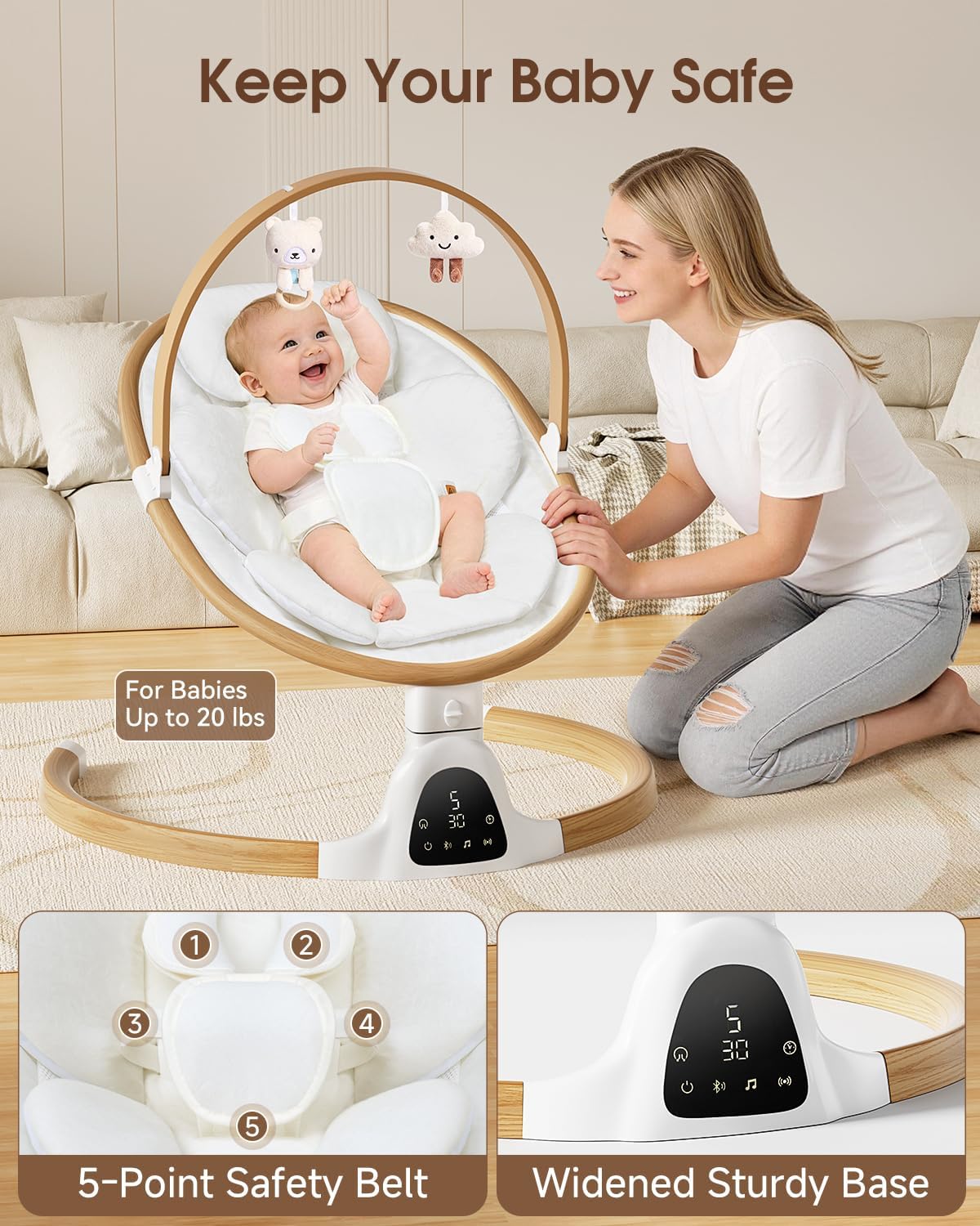 Detalle 2 de Wnttmt Electric Baby Swing with 5 Speeds, 5-Point Harness and Bluetooth