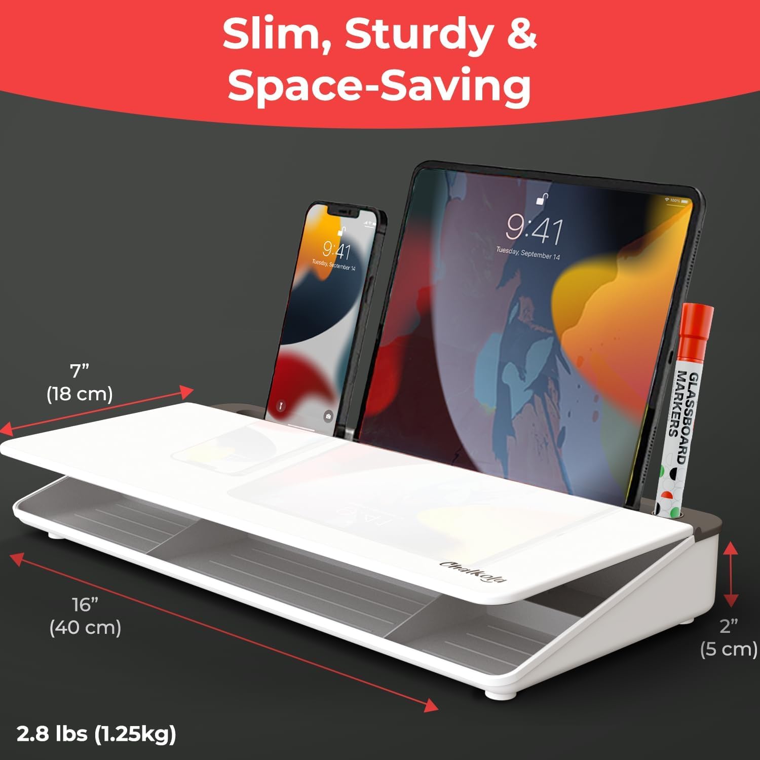 Detalle 2 de Chalkola Glass Desktop Whiteboard with Storage (Dry Erase) — Desk organiser + keyboard stand with 3 markers