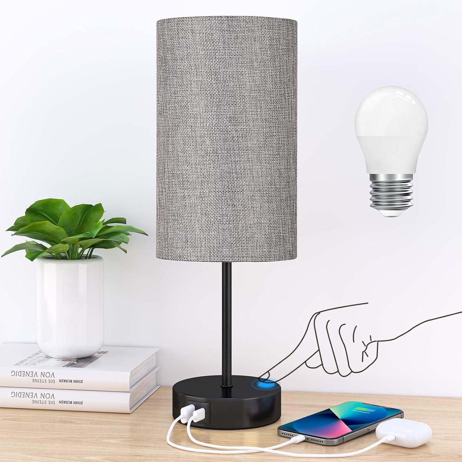 Detalle de STANBOW TBL5 dimbare bedlamp met linnen kap en USB-A- en USB-C-poorten