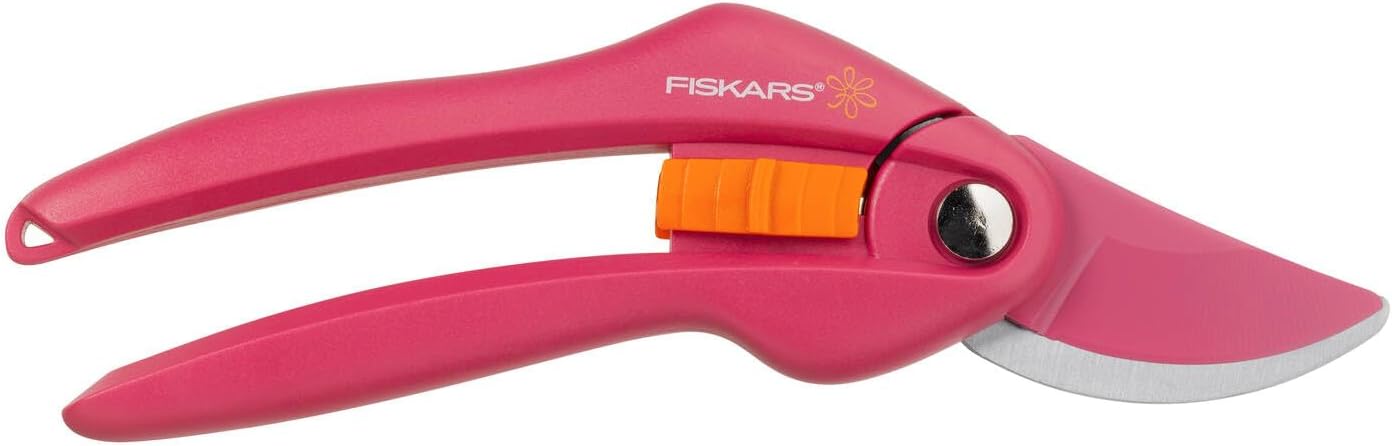 Detalle de Fiskars Bypass-Gartenschere 20 cm – Antihaft, Karbonstahl, pink/orange (Modell P26, 1003657)