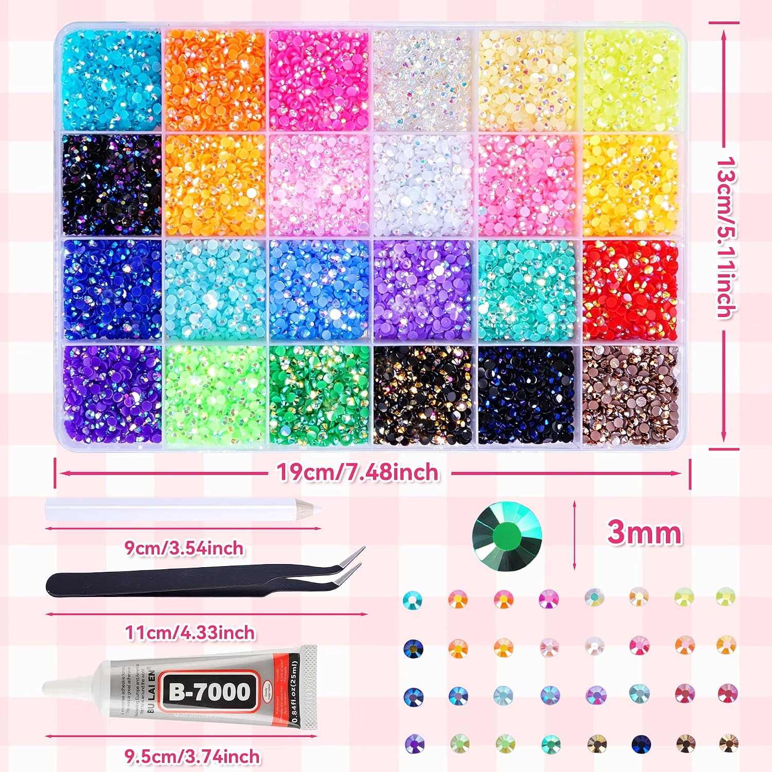 Detalle de Bedazzling Kit: Nail Resin Rhinestones for Crafts – 30,000pcs, 24 Colours with Picker Pen & Tweezers