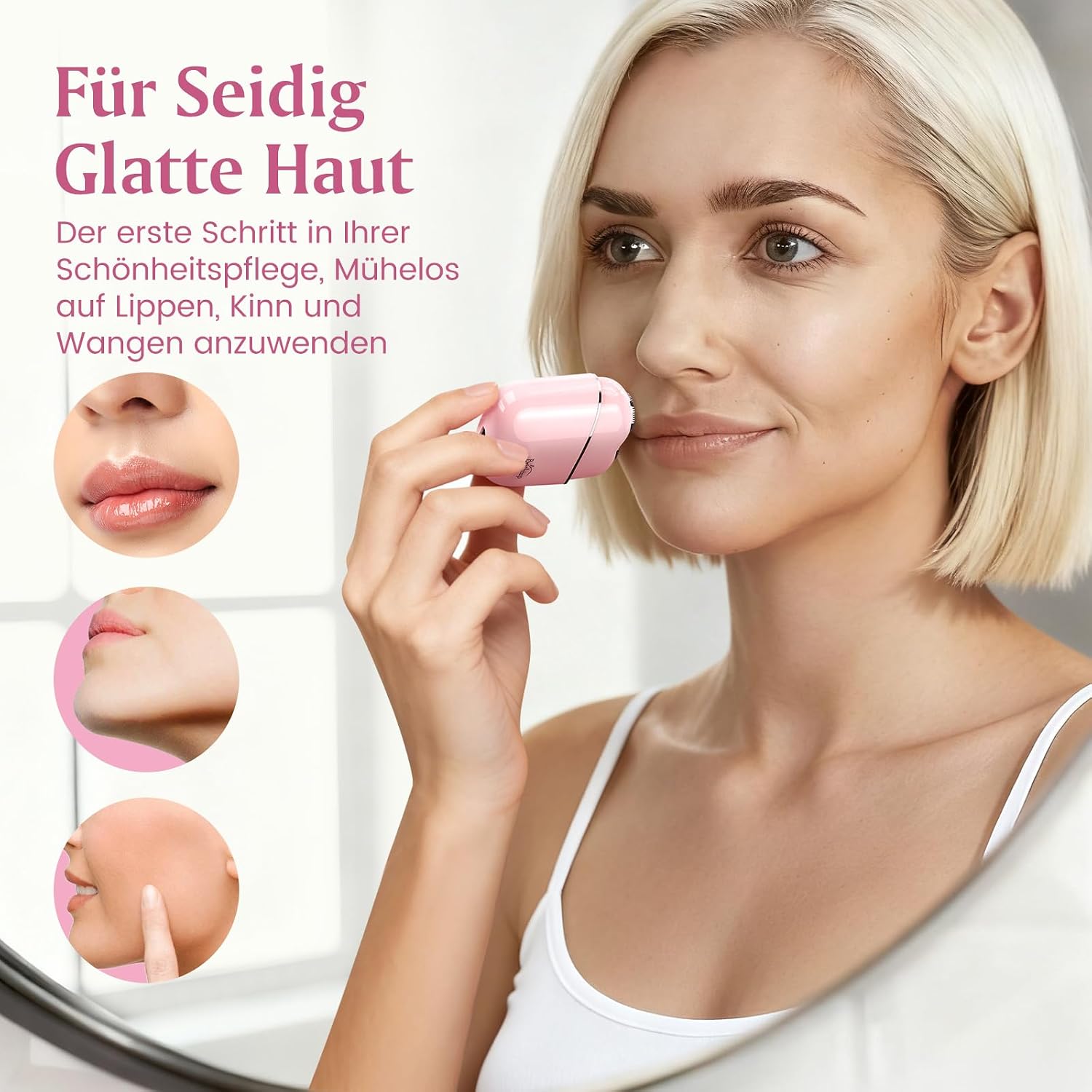 Detalle de Brightup Gesichtshaarentferner für Damen – Elektrischer Rasierer, wasserdicht, USB-C, kompakt, rosa