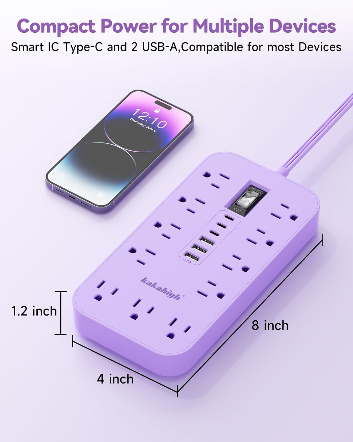 Thumbnail 5 de kakahigh 808 Purple Power Strip, 11 Outlets, 6 USB Ports, 5 ft Cord