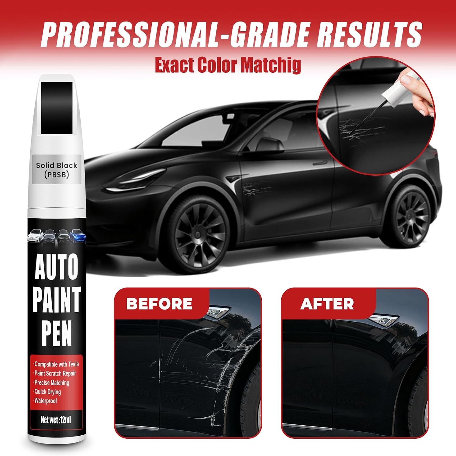 Thumbnail 1 de Qnofuit Touch Up Paint for Cars (Solid Black PBSB) — 0.4 fl oz, 2-in-1 Car Scratch Repair Pen for Tesla Models Y/3/X/S