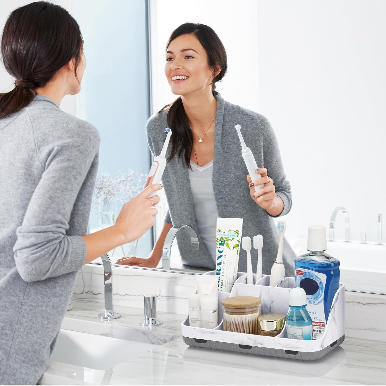 Detalle 2 de GFWARE Bathroom Countertop Organizer Toothbrush Holder, Marble Grey, 7 Compartments