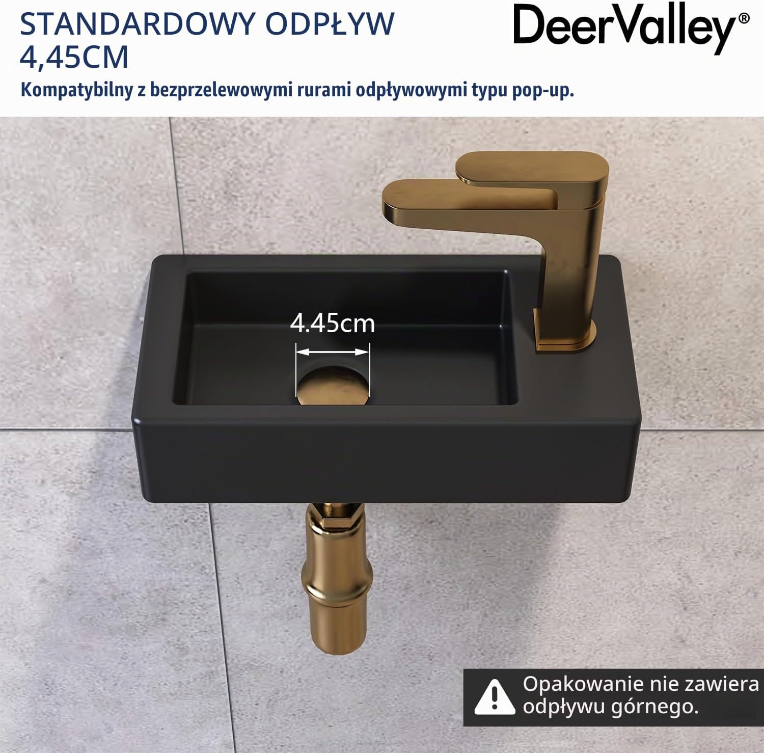 Detalle de DeerValley DV-1V0091R – czarna umywalka ceramiczna, ścienna, prawy otwór na baterię