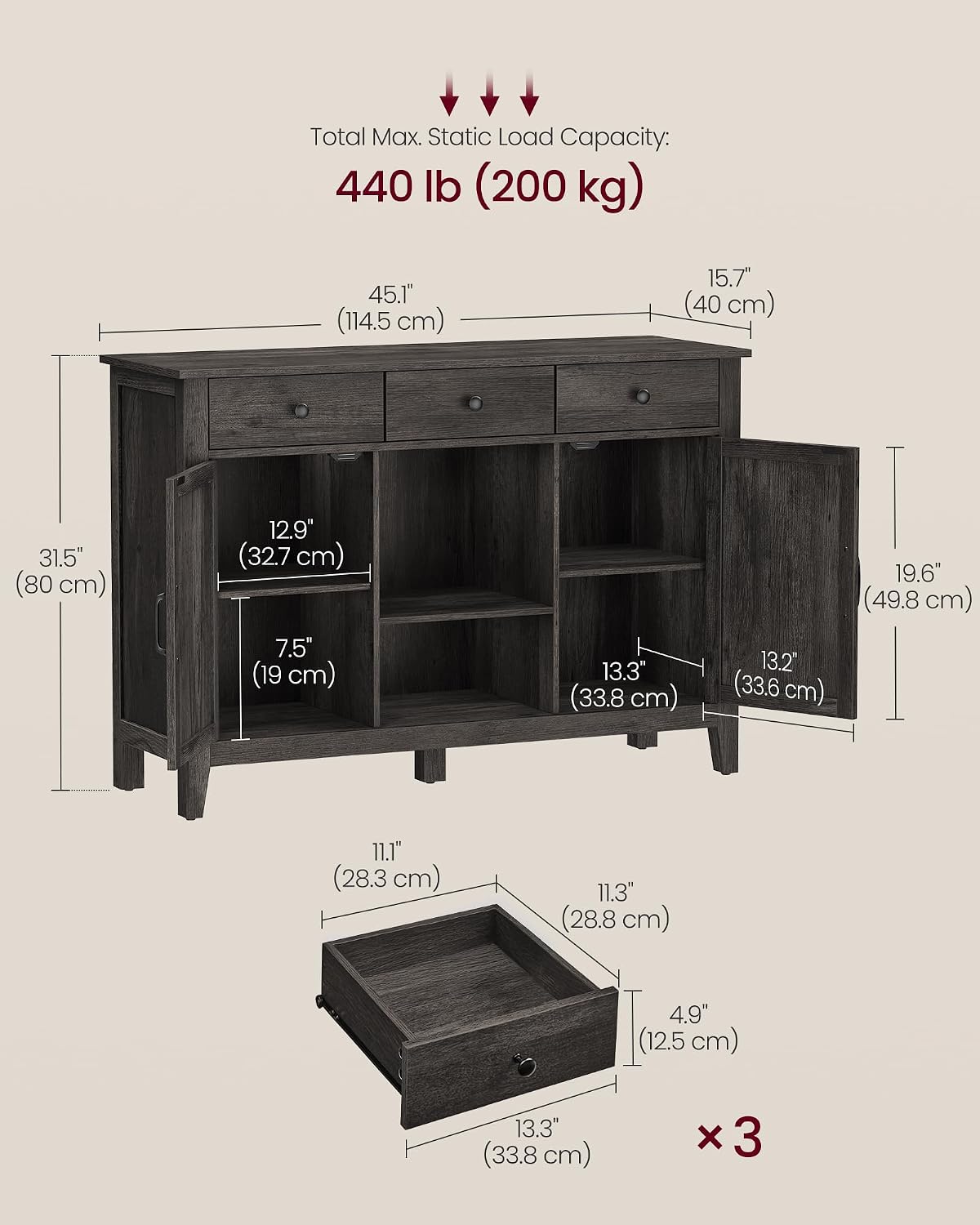 Detalle 2 de VASAGLE Buffet Cabinet, Antique Charcoal