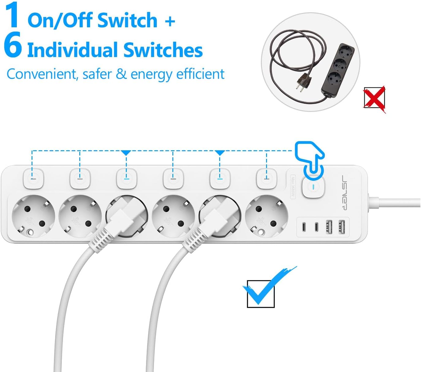 Thumbnail 2 de JSVER Bloc multiprise USB avec 6 prises et 4 ports USB (2 USB-A + 2 USB-C) et interrupteurs individuels, 2 m, blanc