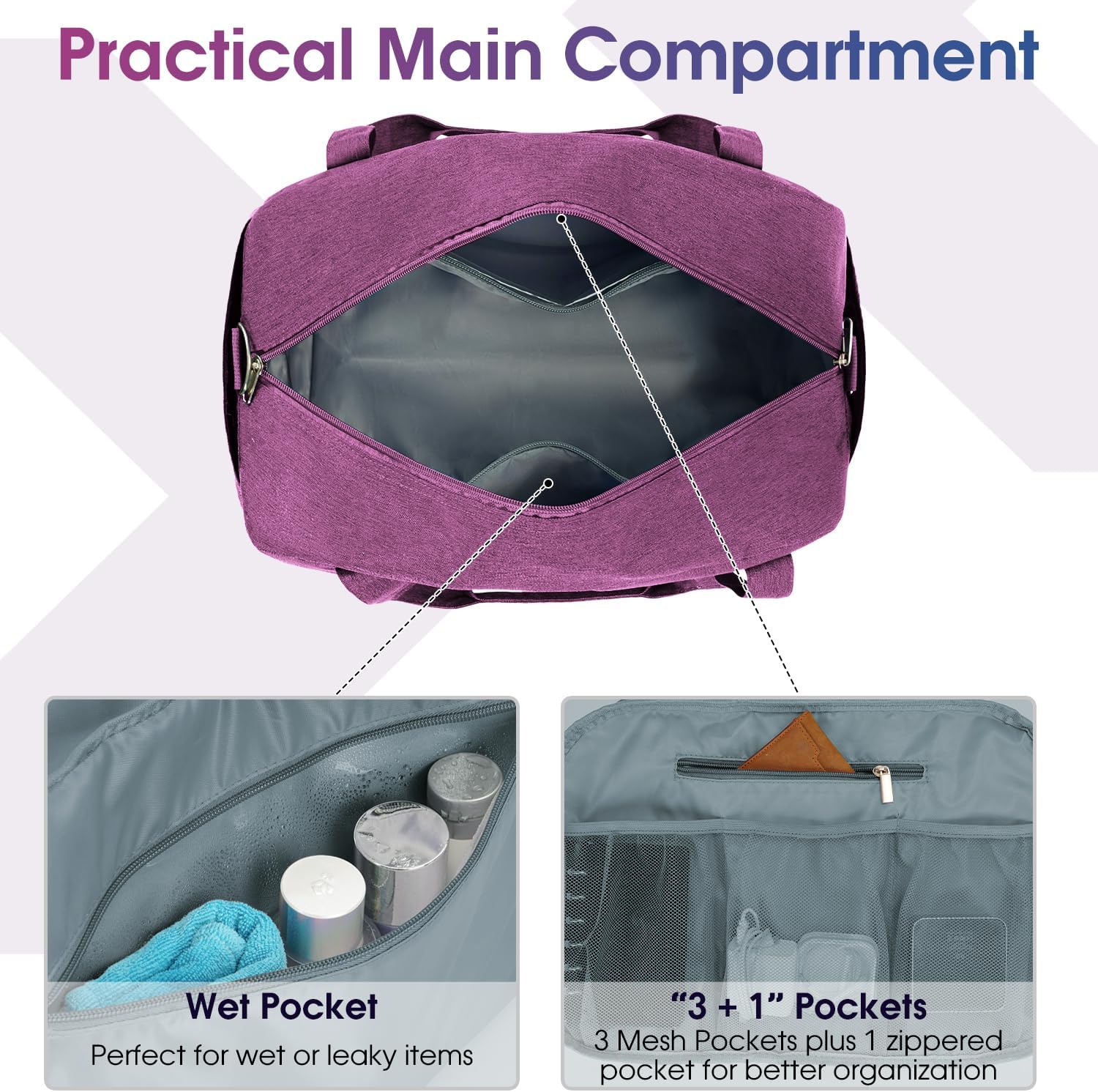 Thumbnail 2 de Narwey Easyjet cabin bag 45 x 36 x 20 cm underseat travel duffel holdall tote with wet pocket (25L) – Dark Purple
