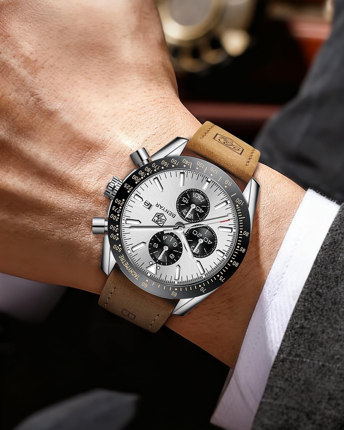 Detalle de BENYAR Herrenuhr Analog Quartz Chronograph – 45 mm, Lederband, 30M Wasserdicht