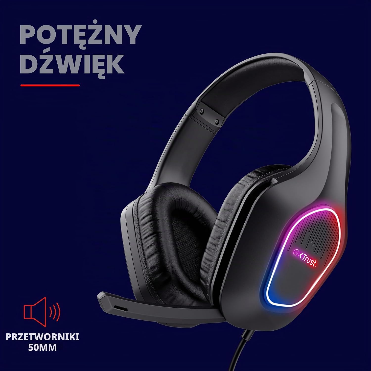 Detalle de GXTrust GXT 419 Rayne – przewodowy headset gamingowy z przetwornikami 50 mm i LED
