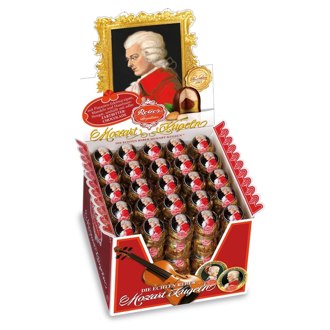 Detalle de Reber Mozart-Kugeln, 100er Aufstellkarton, 2 kg – Zartbitterschokolade mit Pistazien-Marzipan, Mandeln und Haselnuss-Nougat