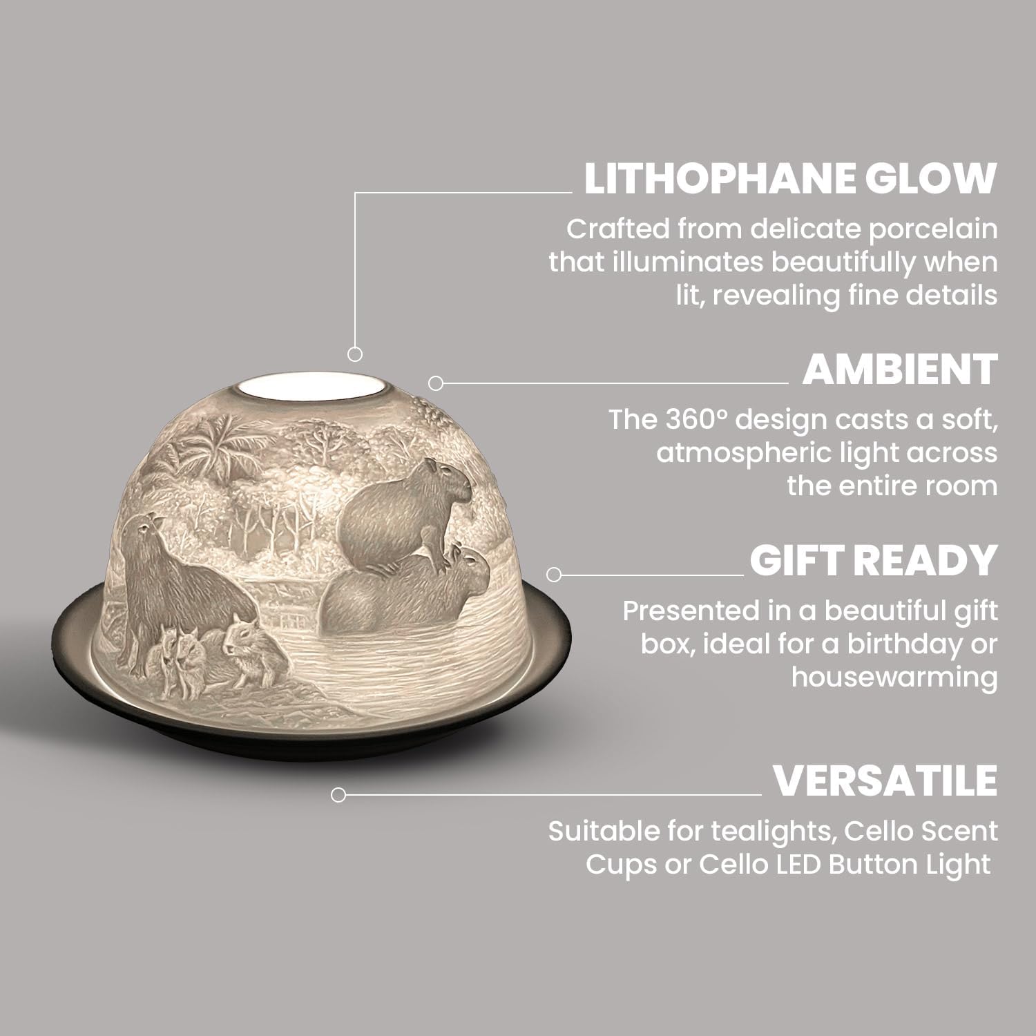 Thumbnail 2 de Cello Porcelain Tealight Holder Dome (Capybara Design) with 3D Projection for LED or Wax Candles
