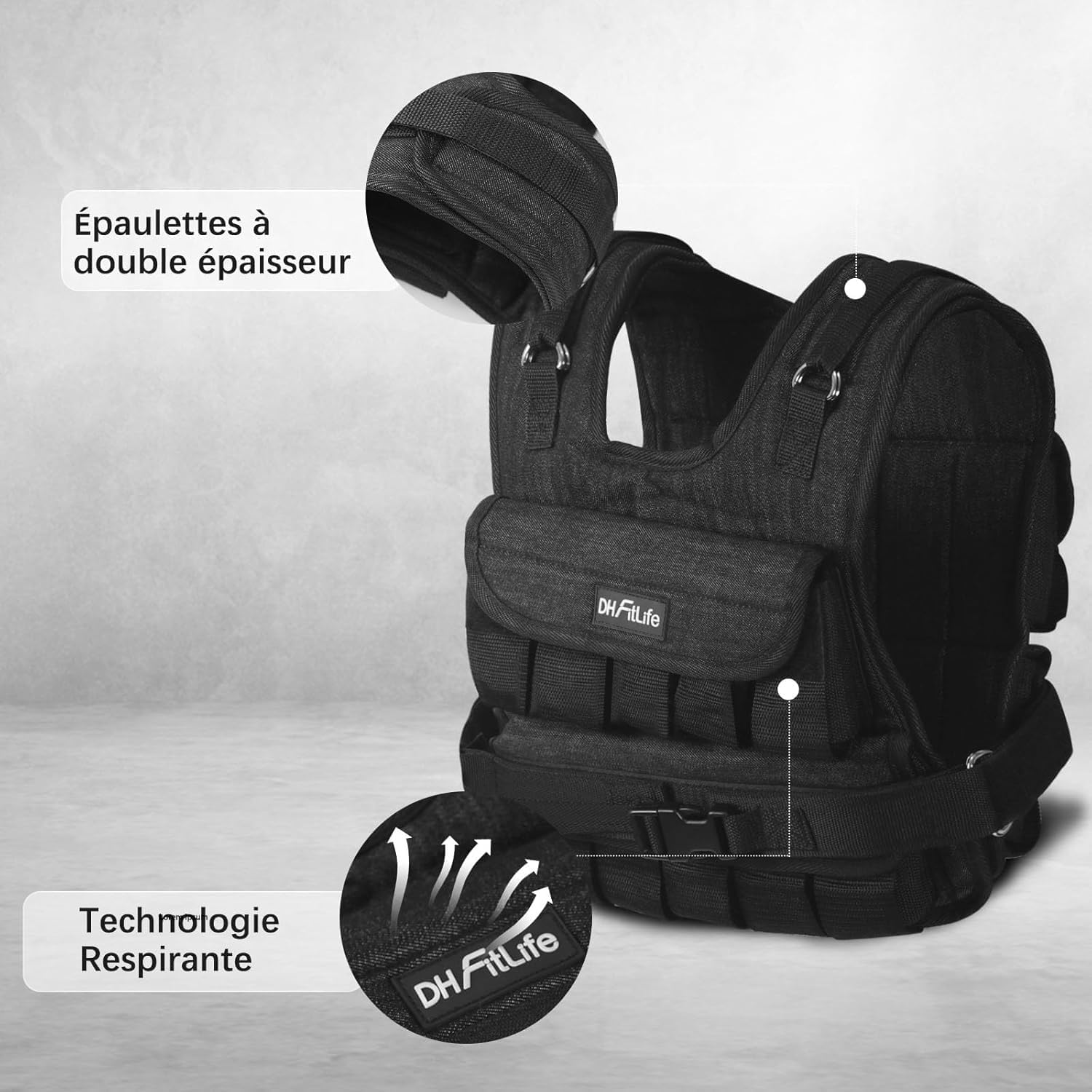Detalle 2 de DH FitLife Gilet lesté réglable 10/20 kg compact et stable (weighted vest) pour musculation