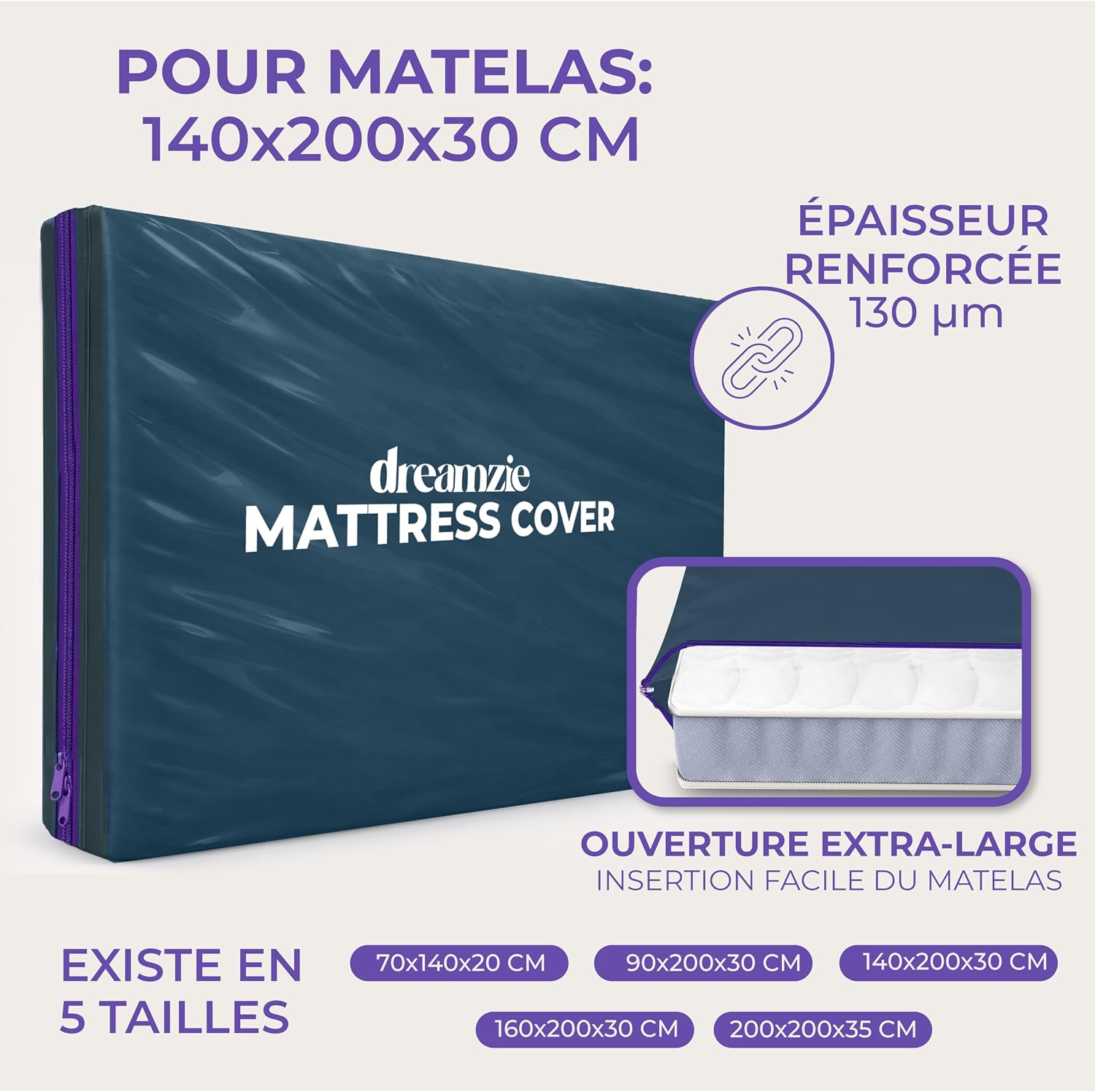 Detalle 2 de Dreamzie Housse de protection matelas en plastique opaque avec fermeture éclair – 140 x 190/200 cm, jusqu’à 30 cm d’épaisseur