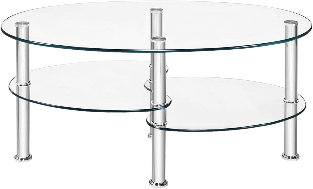 Thumbnail 6 de LIFEZEAL Table Basse Ovale en Verre Trempé – 3 Niveaux, cadre métal robuste, 90 × 50 × 45 cm