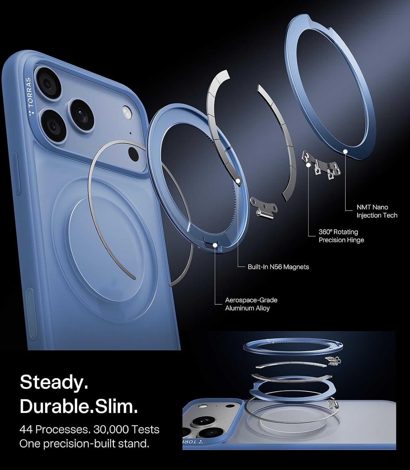 Detalle de TORRAS O1S Series iPhone 18 Pro Case with 360° Magnetic Stand, Blue