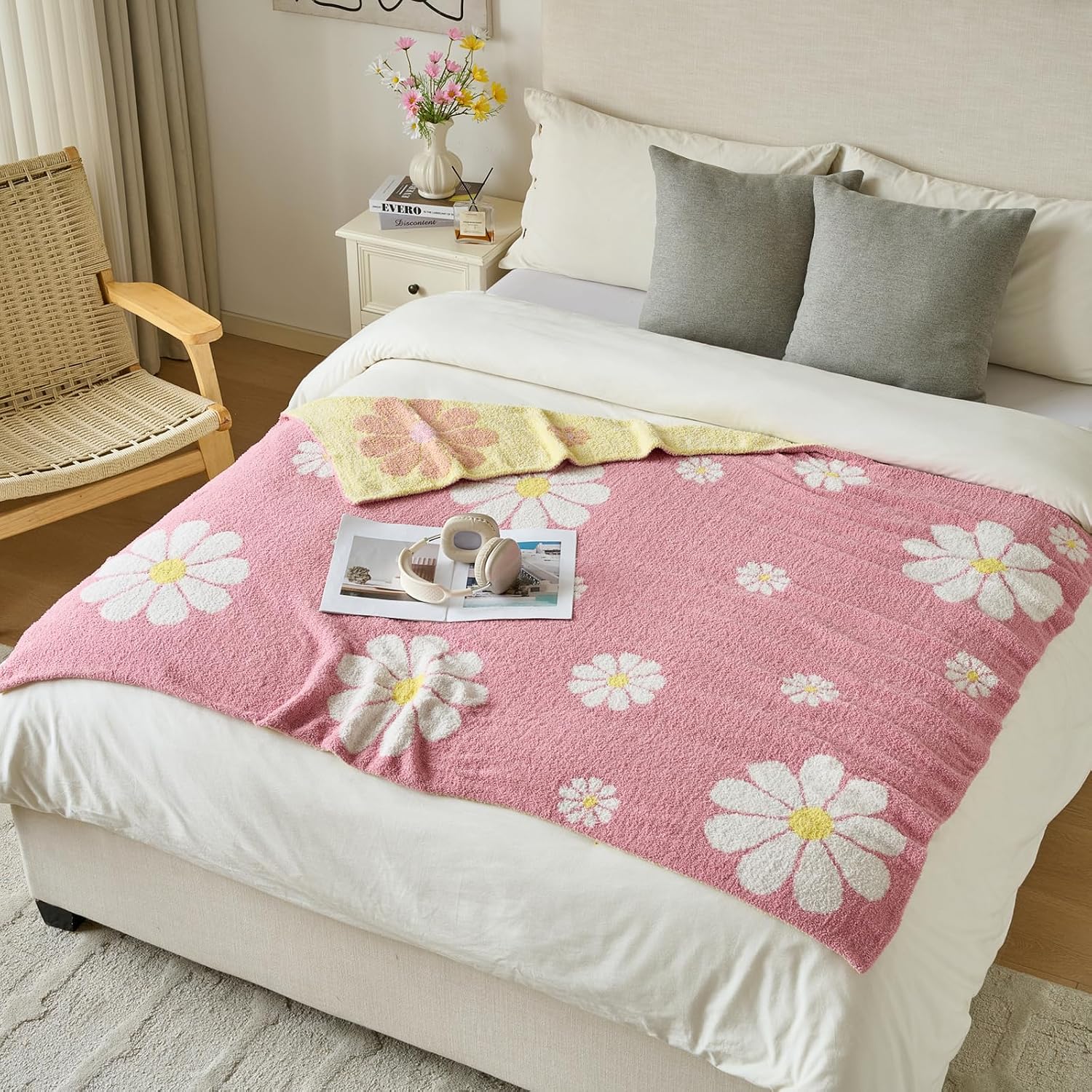Thumbnail 6 de Xiashrk Flower Blanket Floral Microfiber Throw, Twin 60" x 80", Grey Pink