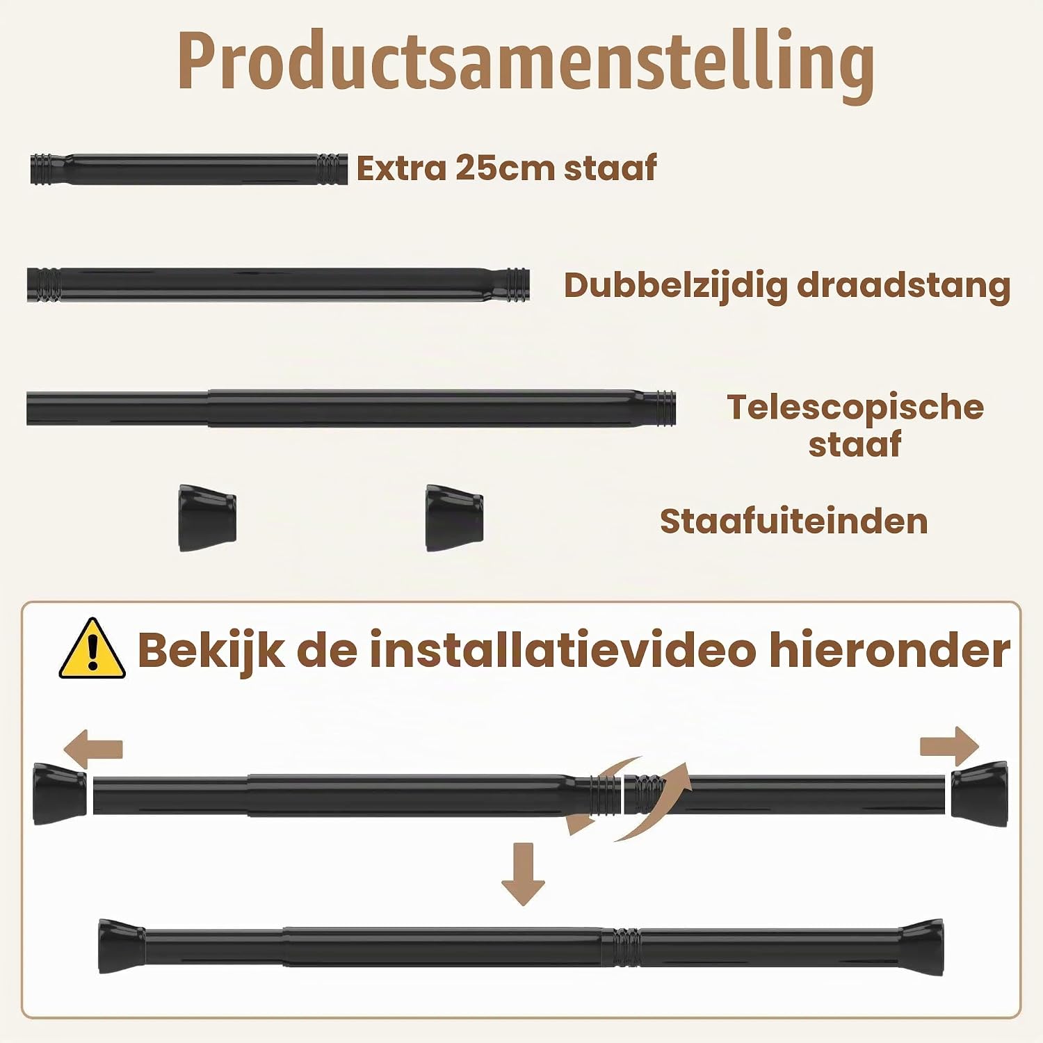 Detalle de Rod&Trikin NO4-8089-10 telescopische douchegordijnstang, zwart, 85–160 cm