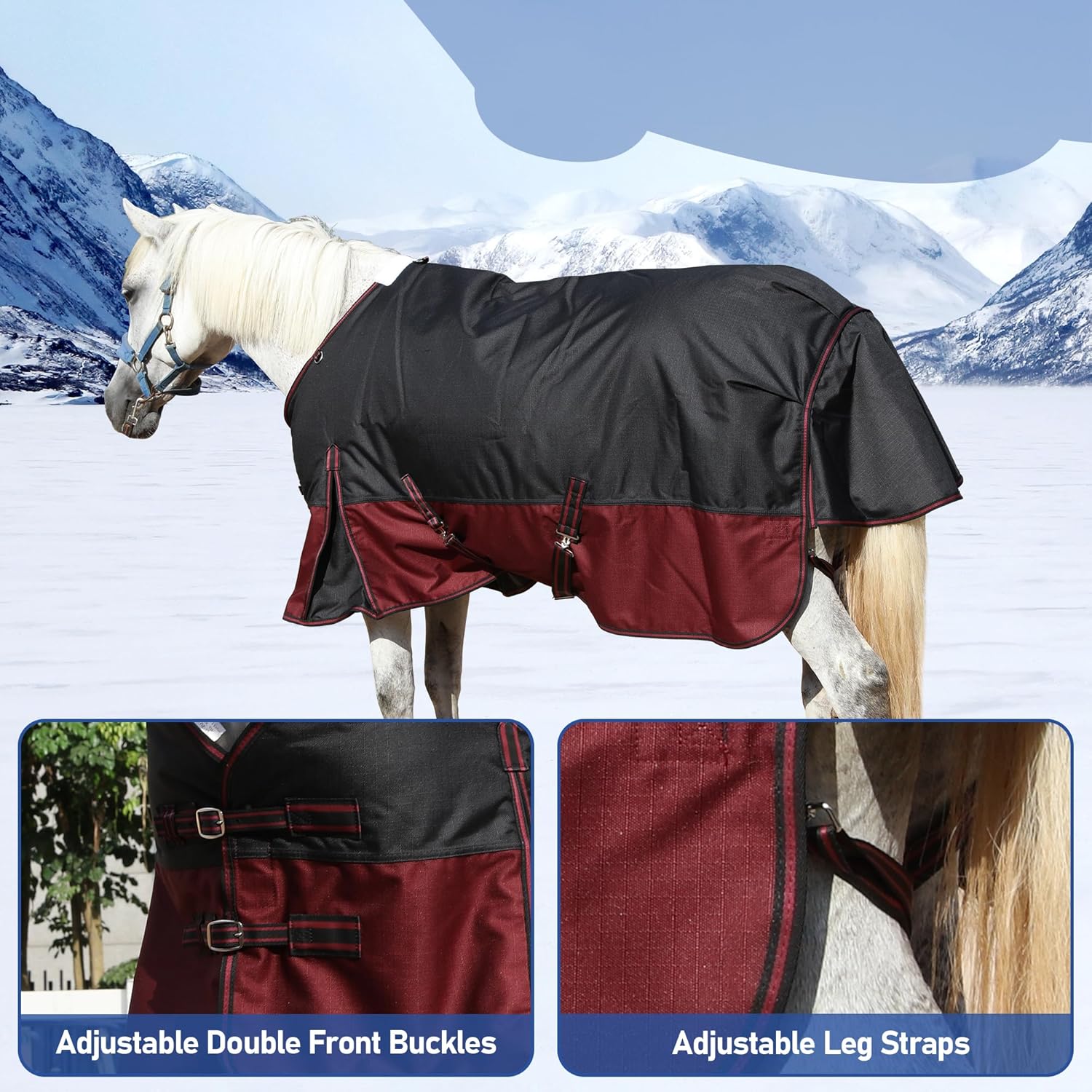 Detalle de Leberna 1200D Winter Horse Turnout Rug with 200g Fill (6'3", Black Red) – Waterproof & Breathable