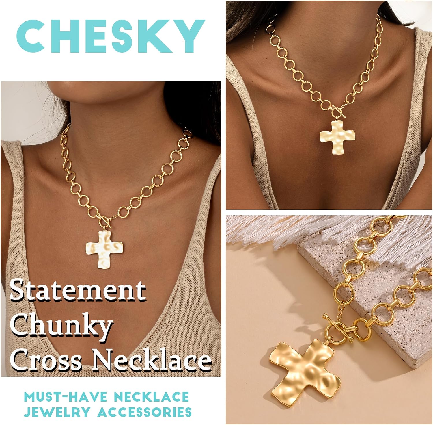 Detalle 2 de CHESKY Cross Necklace, 14K Gold-Plated Brass