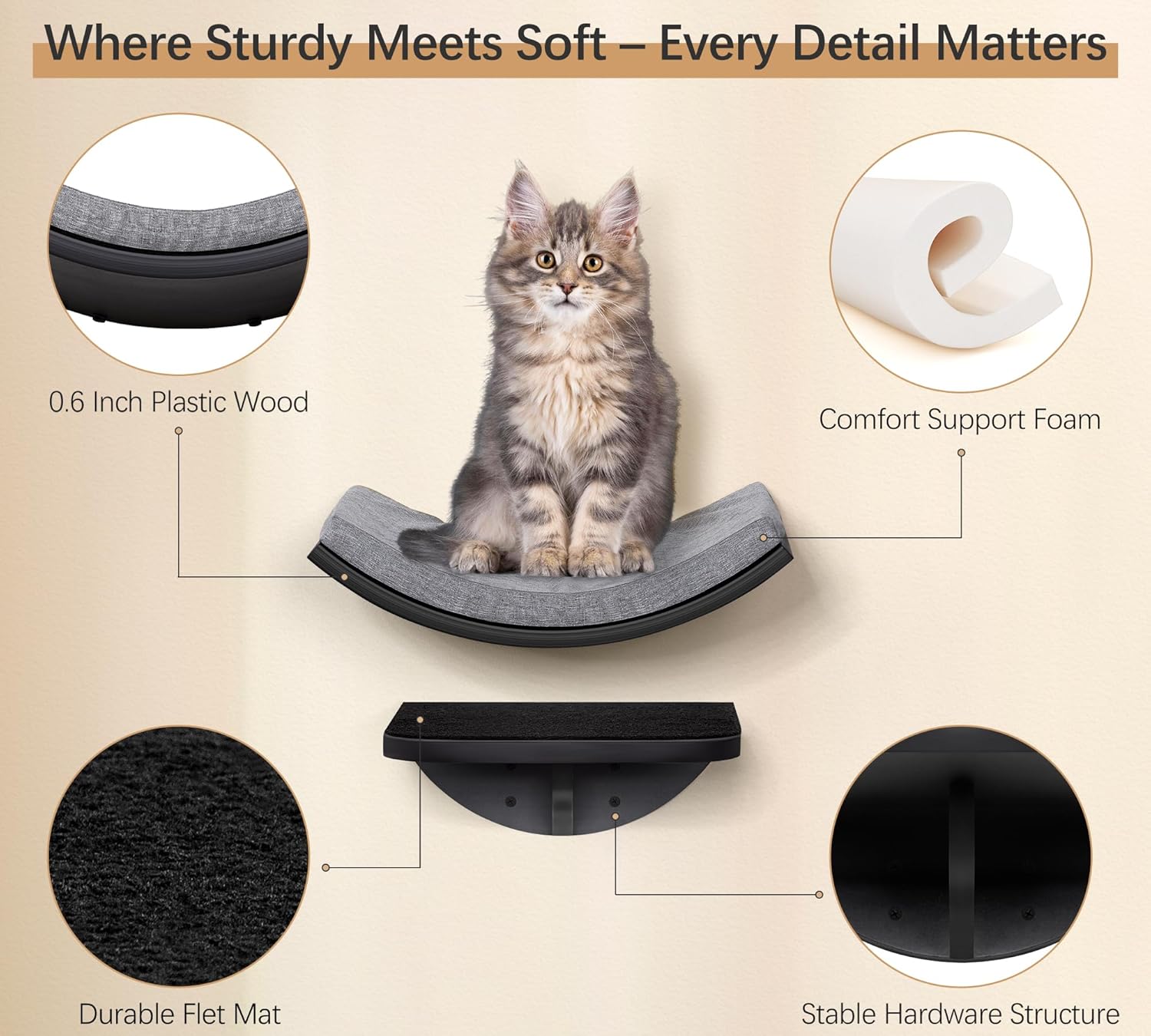 Thumbnail 1 de Curved Cat Wall Shelf with Foam Mat – wall-mounted curved hammock perch for indoor cats