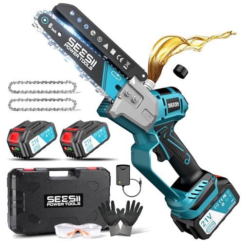 Detalle de SEESII Mini Motosierra 6'' con batería dual y rendimiento sin escobillas
