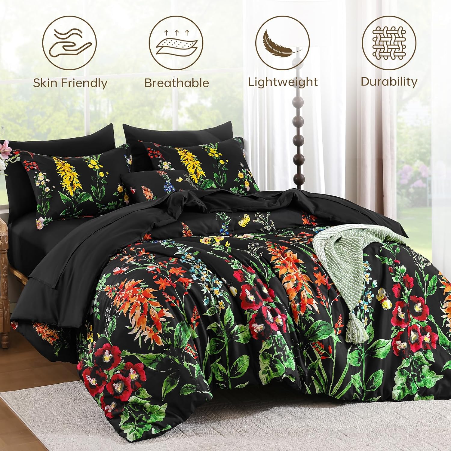 Detalle de WONGS BEDDING Floral Comforter Set Queen Size – 8-Piece Botanical Reversible Bedding