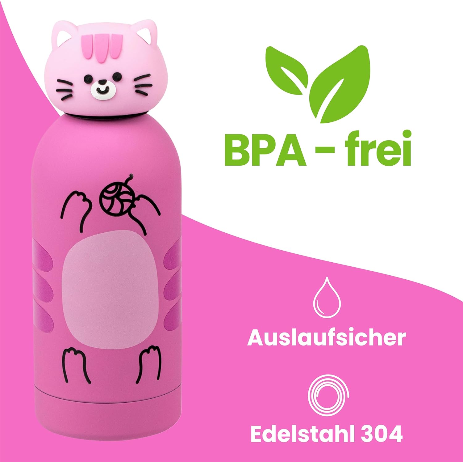 Thumbnail 4 de Cartomania Trinkflasche 350 ml – Edelstahl-Thermosflasche mit Silikondeckel, BPA-frei, rosa mit Katzen