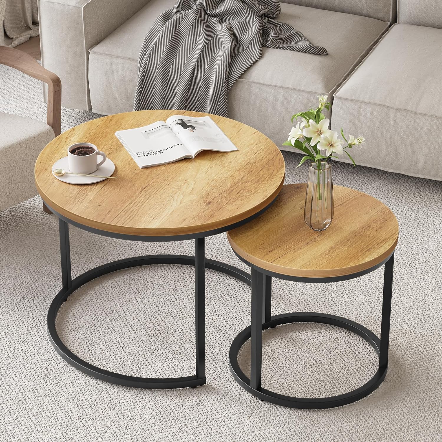 Thumbnail 6 de Smuxee Nesting Coffee Table Set of 2, 23.6-Inch Round Brown Wood Tables